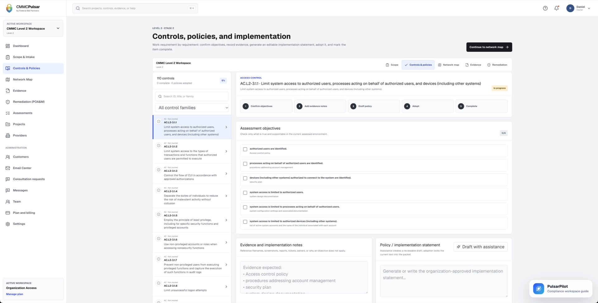 Level 2 control context — captured from the supplied CMMC Pulsar walkthrough