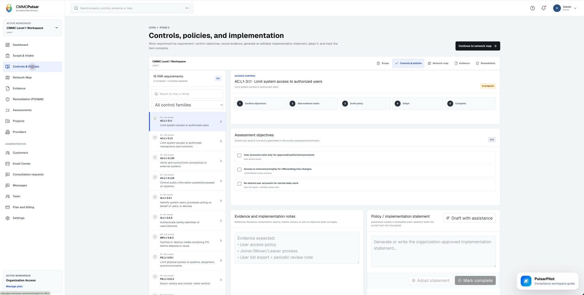 CMMC Pulsar Level 1 control workflow