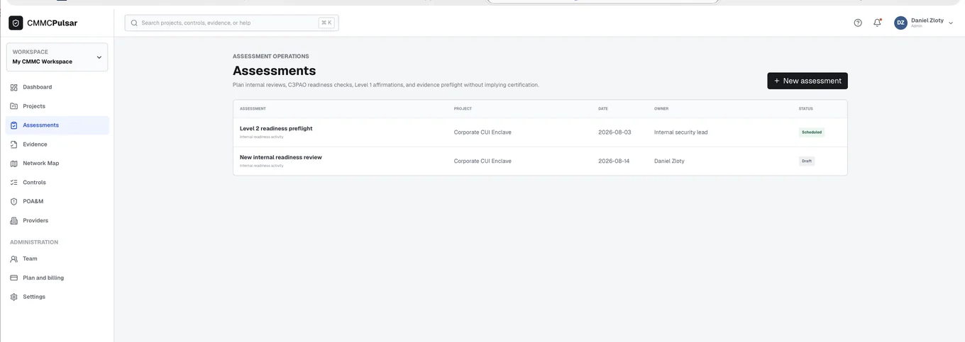 Assessments — CMMC Pulsar product screenshot