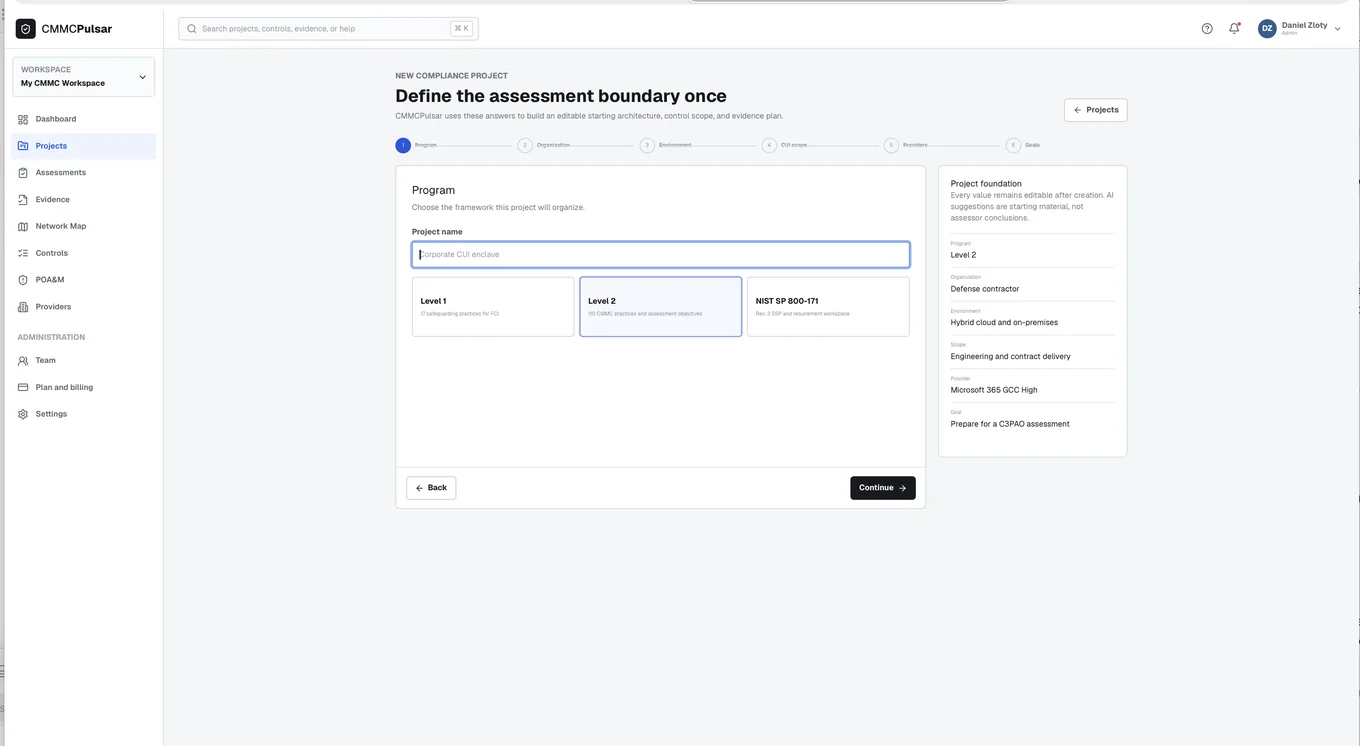 Program — choose your level — CMMC Pulsar product screenshot