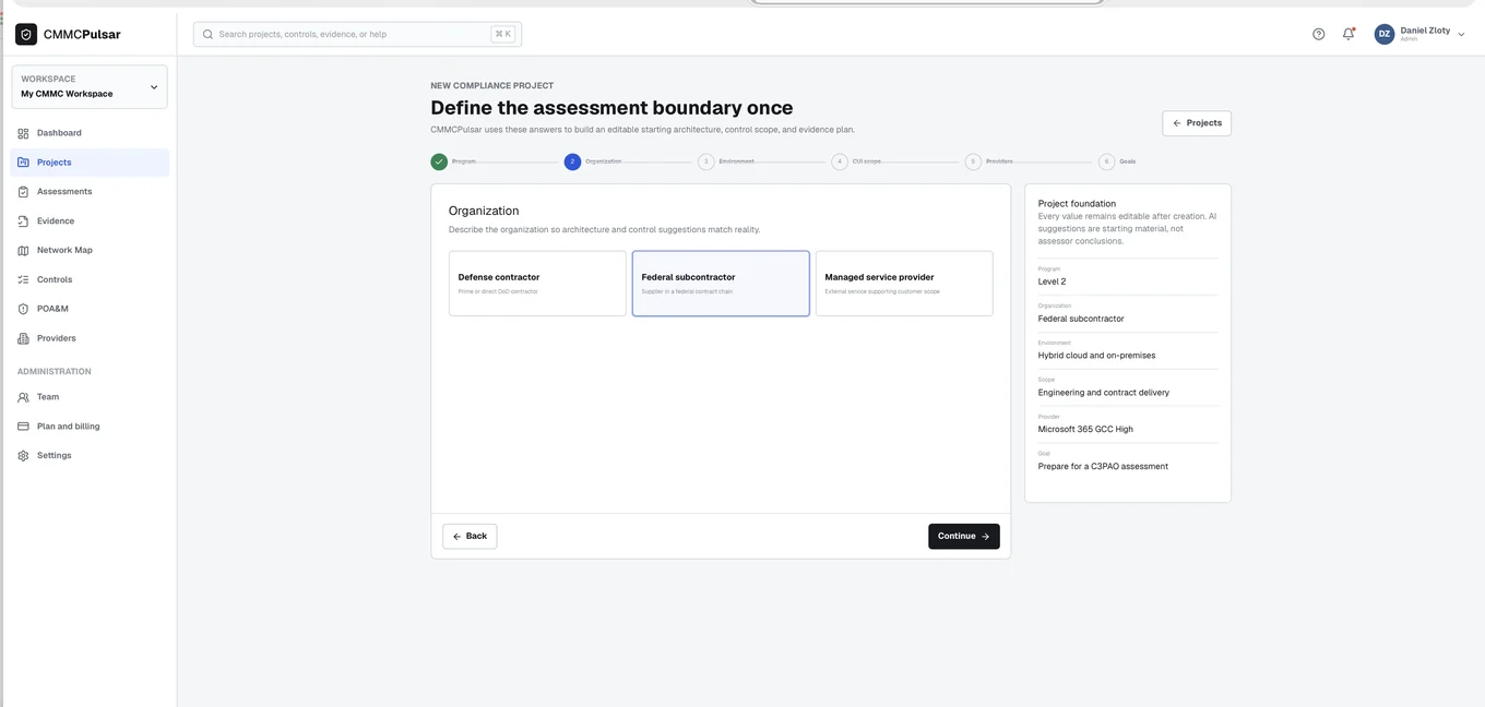 Organization details — CMMC Pulsar product screenshot