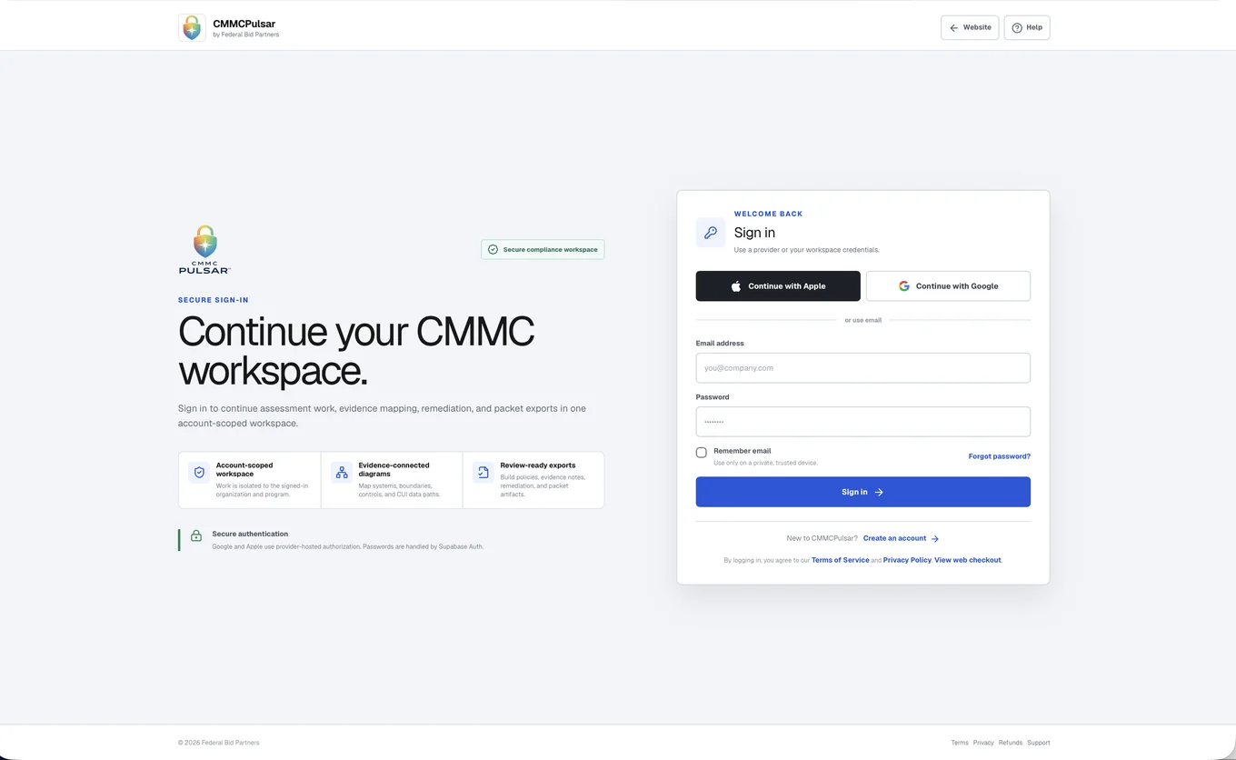 Secure sign-in — CMMC Pulsar product screenshot