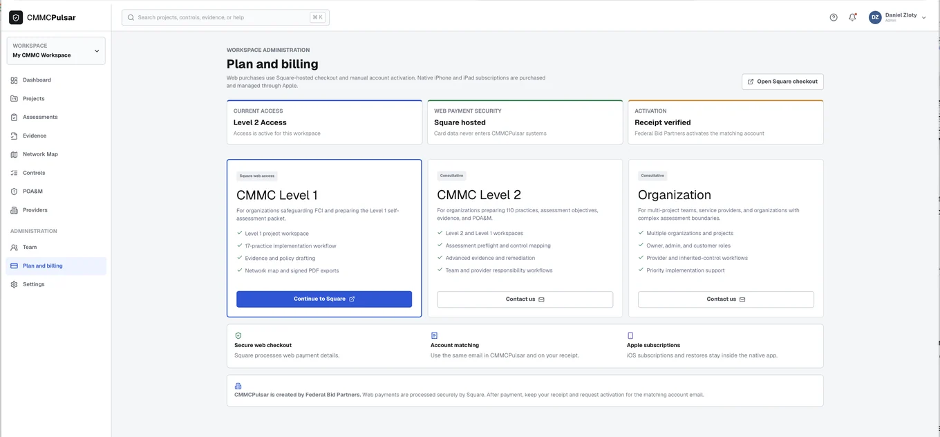 Plans — Level 1, Level 2 & Organization — CMMC Pulsar product screenshot