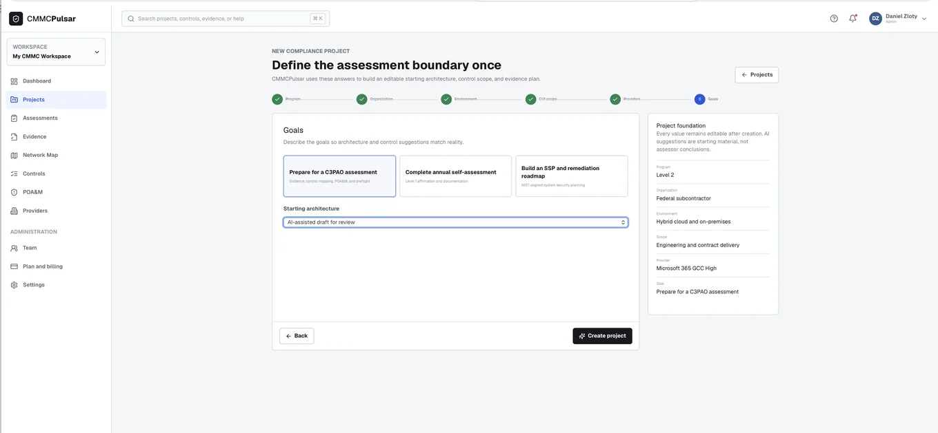 Goals & readiness targets — CMMC Pulsar product screenshot