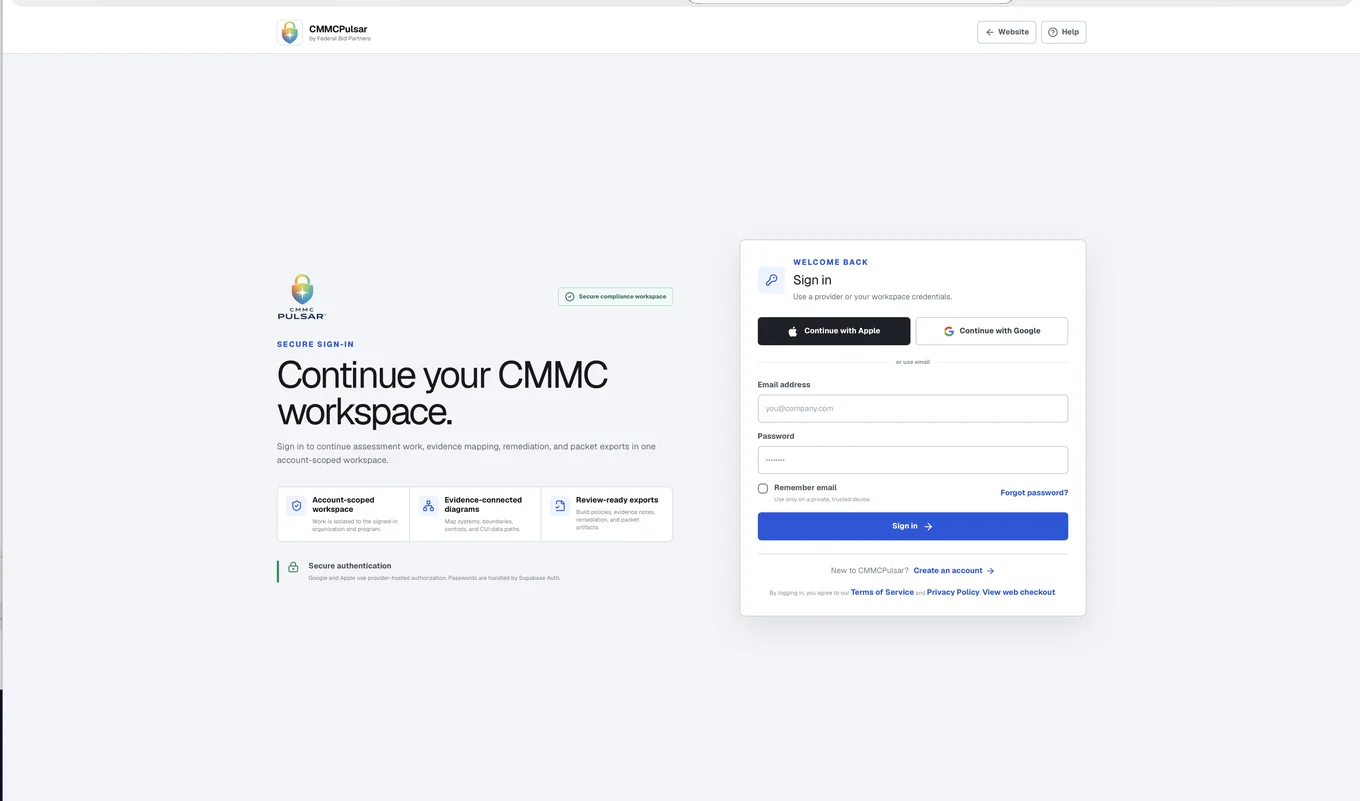 Continue your workspace — CMMC Pulsar product screenshot